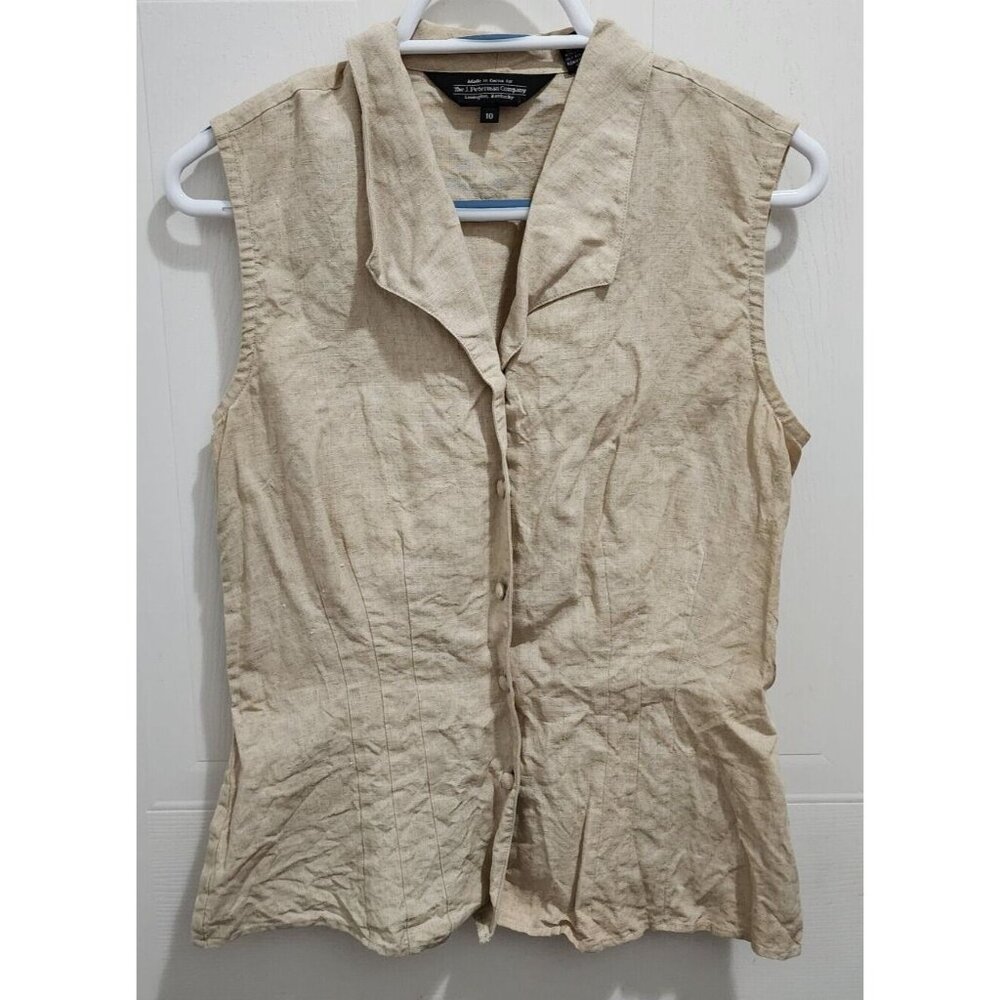 J. Peterman Women’s‎ Sleeveless Collared Button Up Top Beige 100% Linen Size 10
